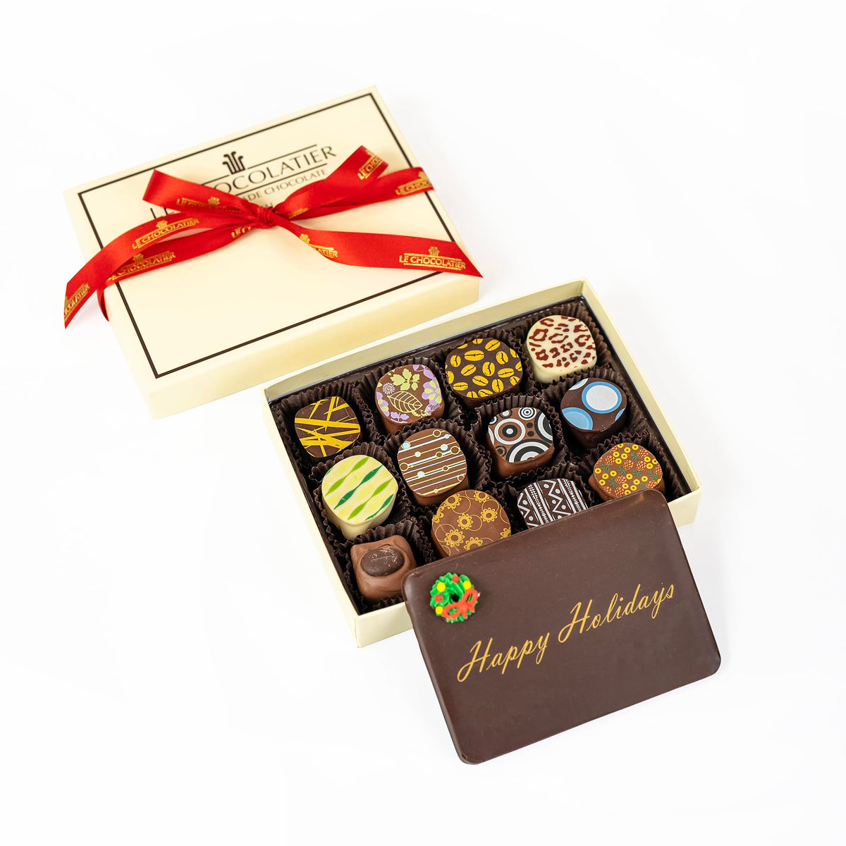 Le Chocolatier Happy Holidays Gourmet Chocolate Truffle Gift Box - Perfect for Chistmas & New Years Gifts (12 Piece Box)