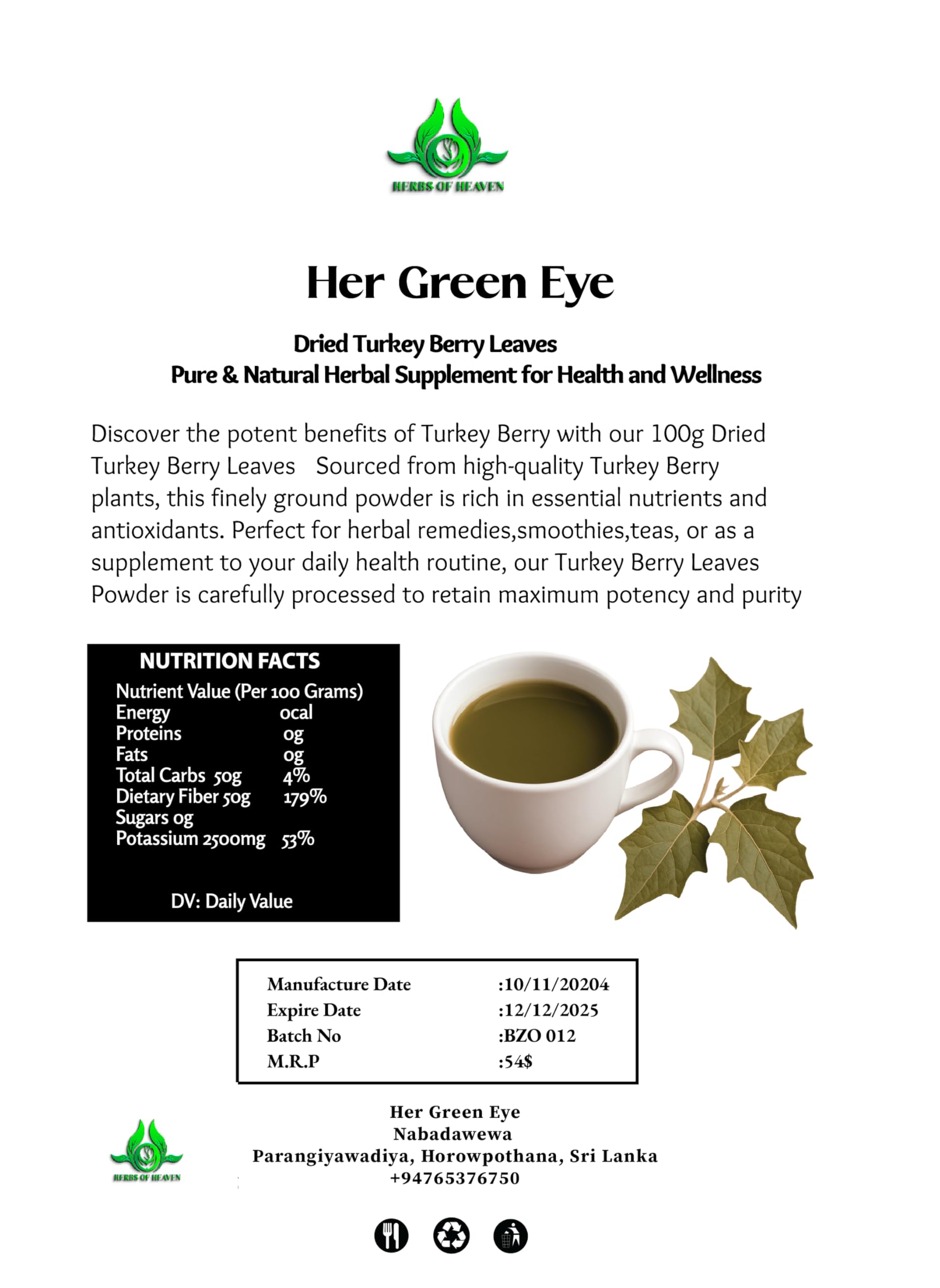 100g Turkey Berry Leaves Powder Dried Healthy Well Cleaned Leaves - Pure & Natural Turkey Berry Leaves Cultivated From Sri Lanka