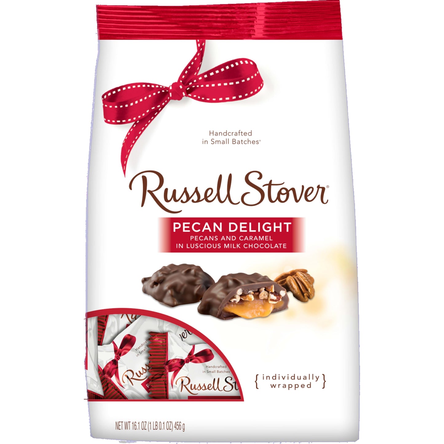 Russell Stover Pecan Delight Gusset Bag 16.10 Ounce Russel Stover Milk Chocolate Covered Candy Pack, Crunchy Pecans and Buttery Caramel Covered In