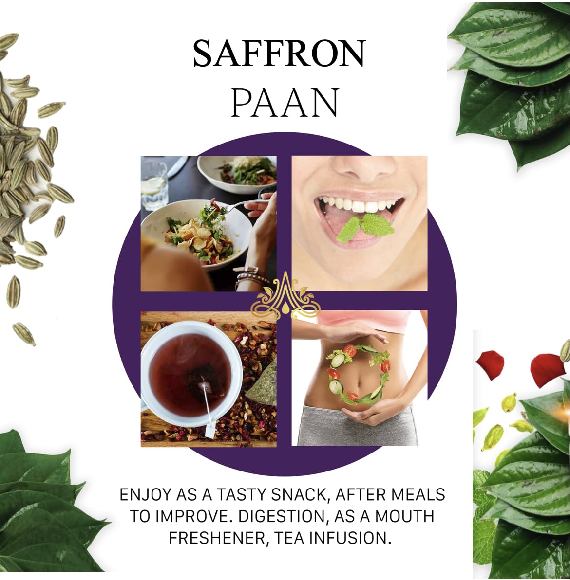 Aryaa Organic Saffron Kesar Paan | 8.75oz (250g) | Ayurvedic Digestive, Mouth Freshener & Herbal Tea | Vegan, Gluten-Free, Non-GMO