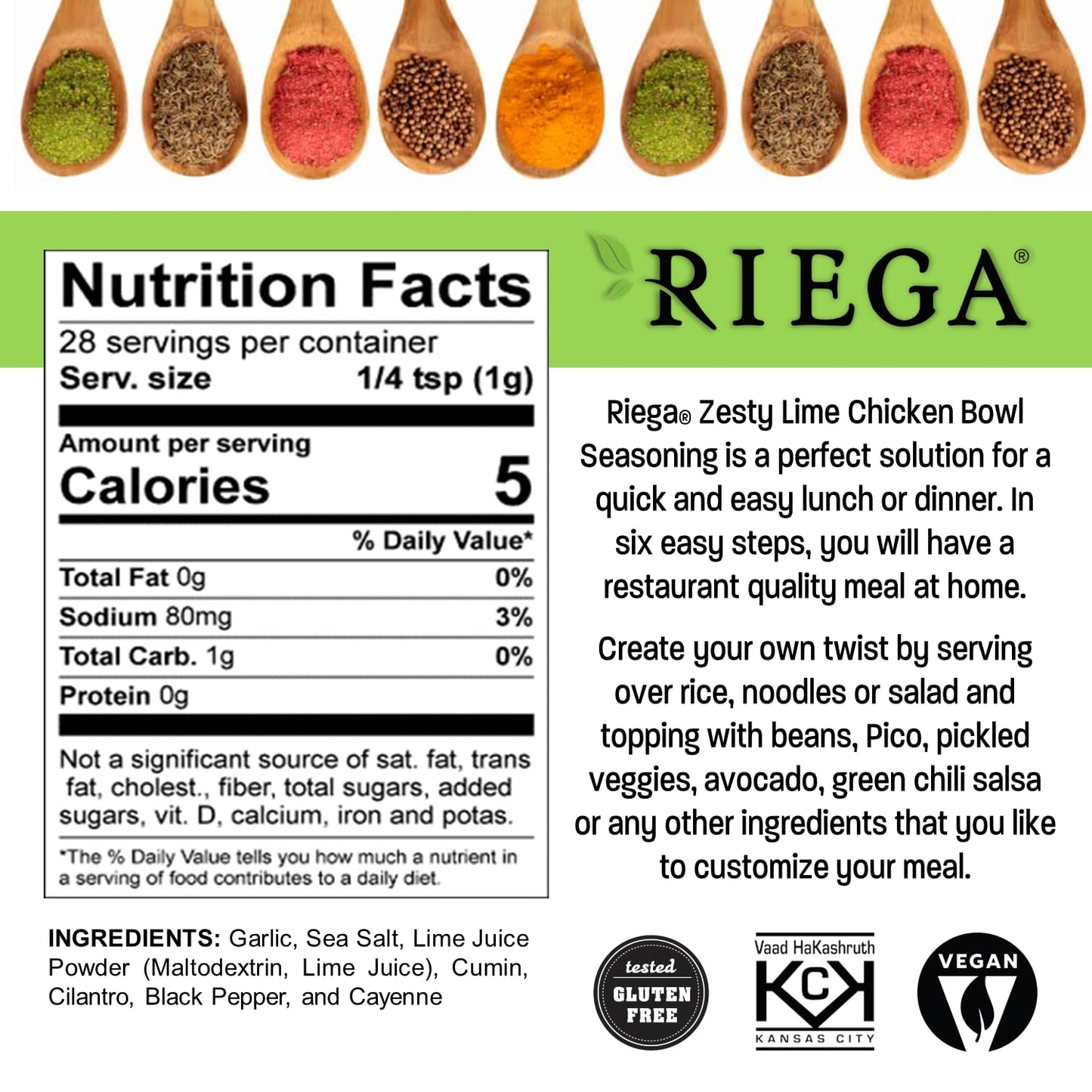 Riega Zesty Lime Chicken Seasoning, Perfect Dry Mix for Zesty Lime Chicken Salad or Rice Bowls (1 Ounce (Pack of 1))