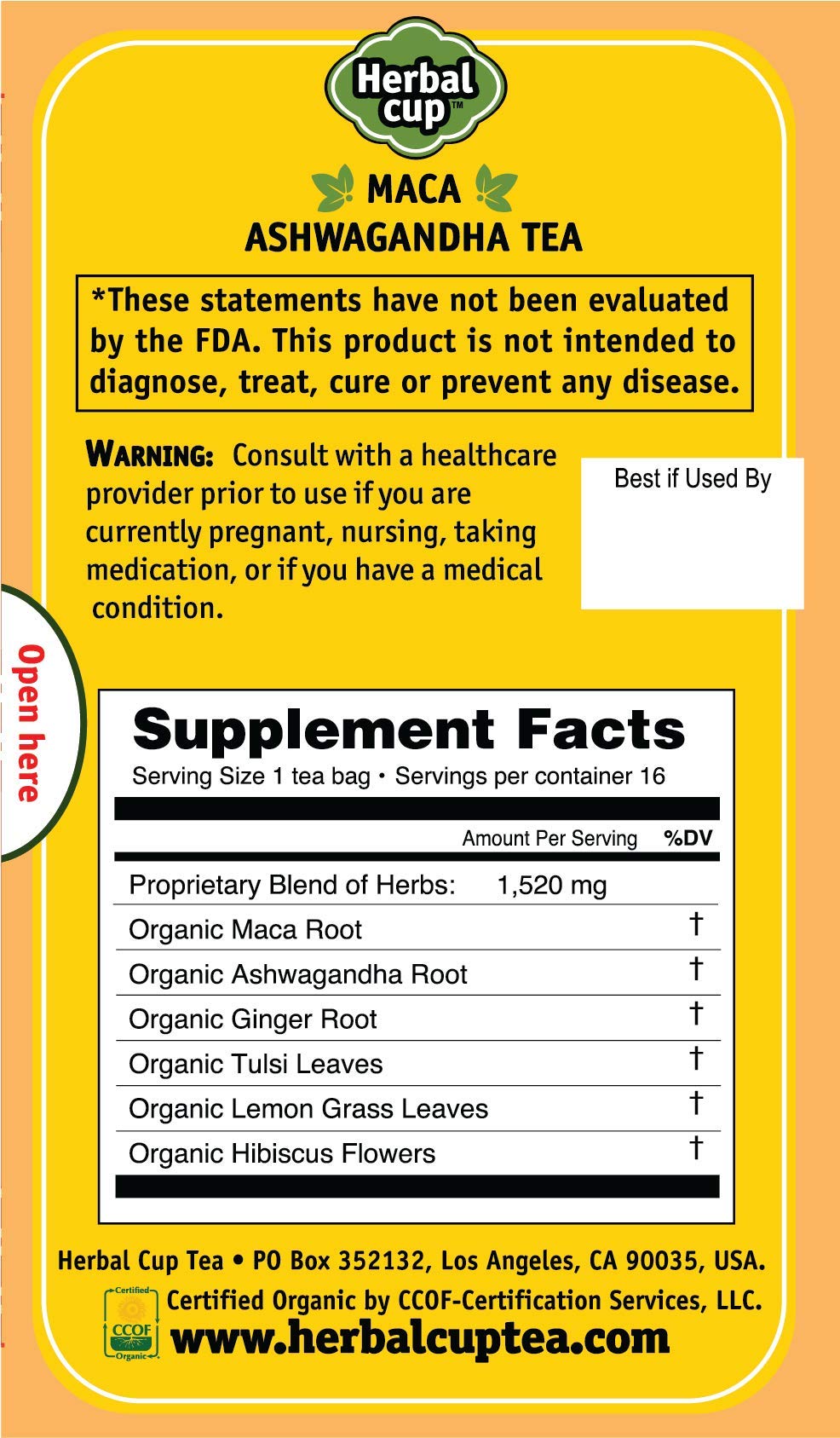 Herbal Cup Ayurveda Maca Tea, Organic Ashwagandha, No Caffeine Herbal Teas (16 Count, Pack of 1)