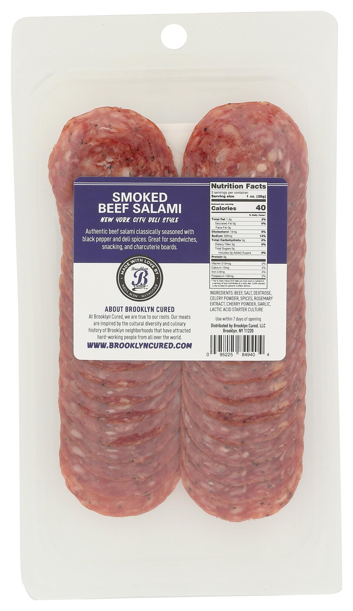 Brooklyn Cured, Salami Beef Smoked Sliced, 3 Ounce