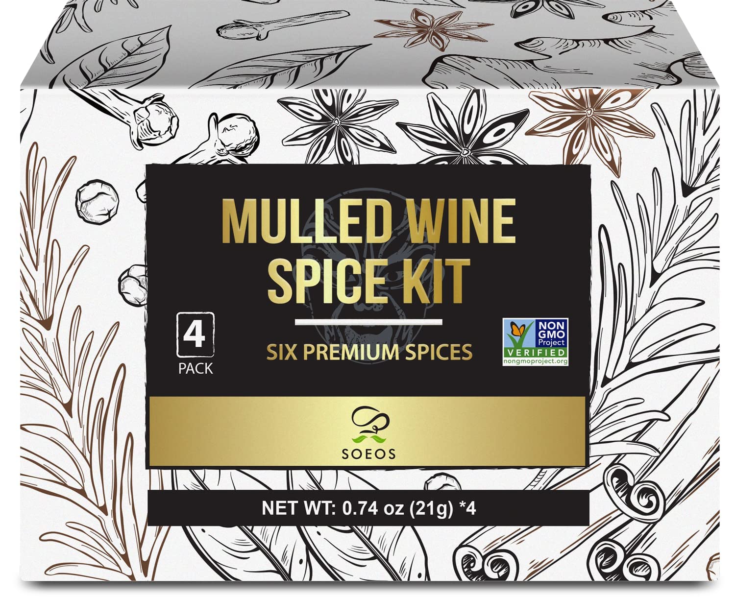 Soeos Mulled Wine Spice Kit 2.96 oz (0.74 oz*4), Mulling Spices for Wine, Apple Cider, and Tea, Mix of Six Premium Mulling Spices, Including Cinnamon