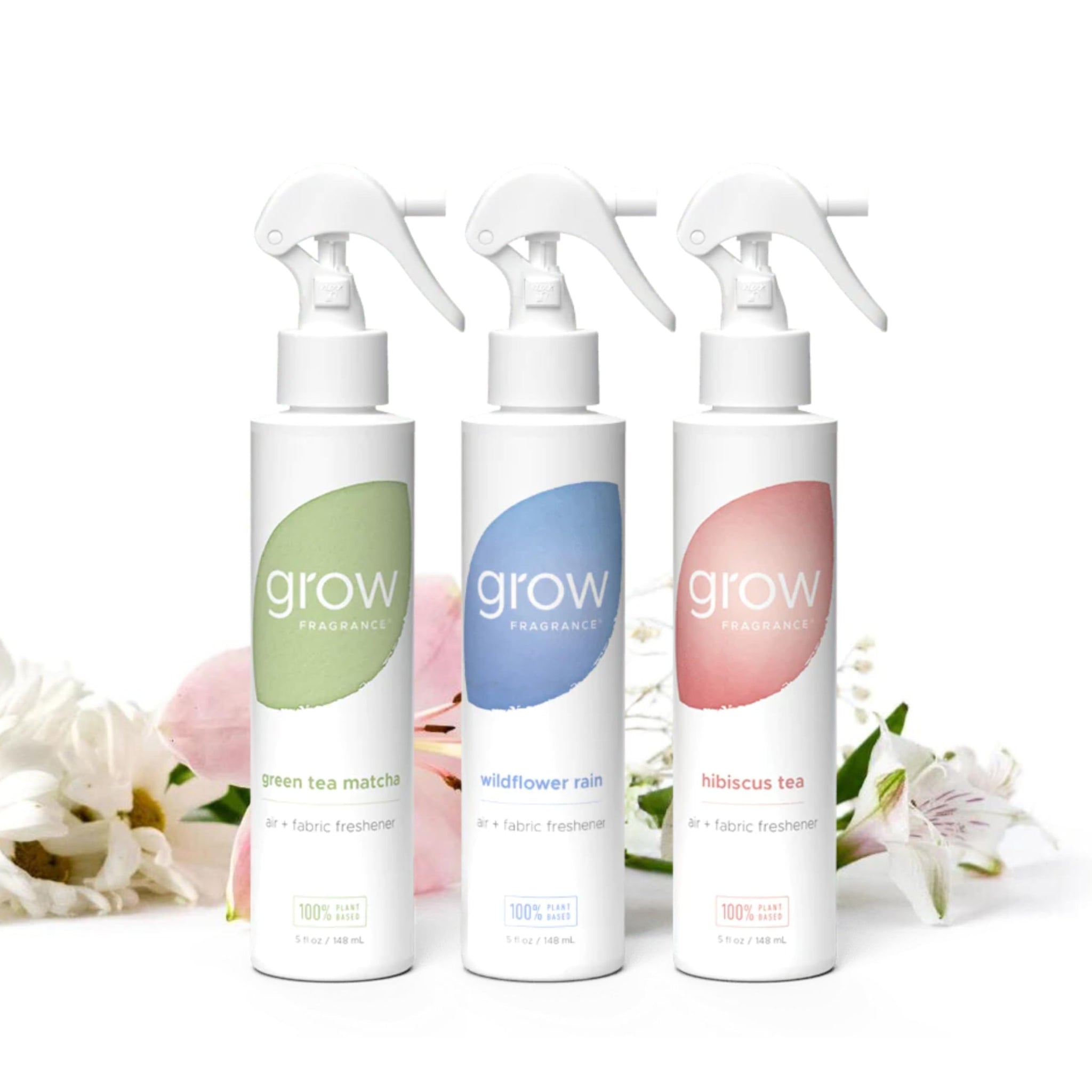 Grow Fragrance Fresh Clean 3-Pack - Non Toxic Air Freshener Spray - Green Tea Matcha, Hibiscus Tea & Wildflower Rain - 100% Plant-Based Essential Oils