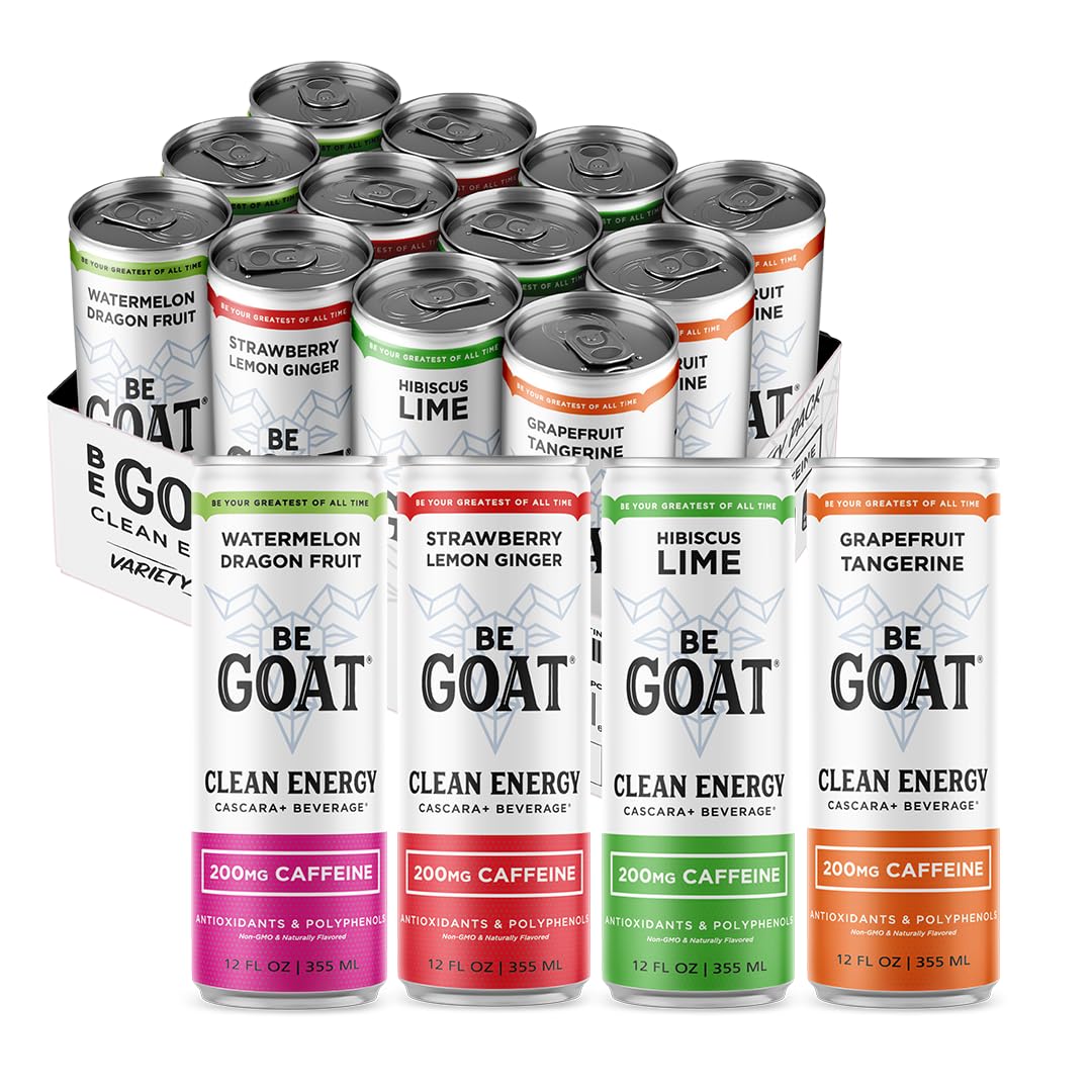 BeGOAT Clean Energy | OG Variety Pack | 6 Ingredients, Plant-Based, Non-GMO, Vegan | 200mg Natural Caffeine | 12 fl oz Cans (Pack of 12)