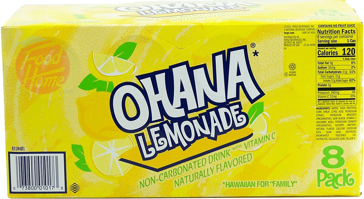 Ohana! lemonade, non-carbonated drink, caffeine free, 12-fluid ounce cans, 8-pack in box (1)
