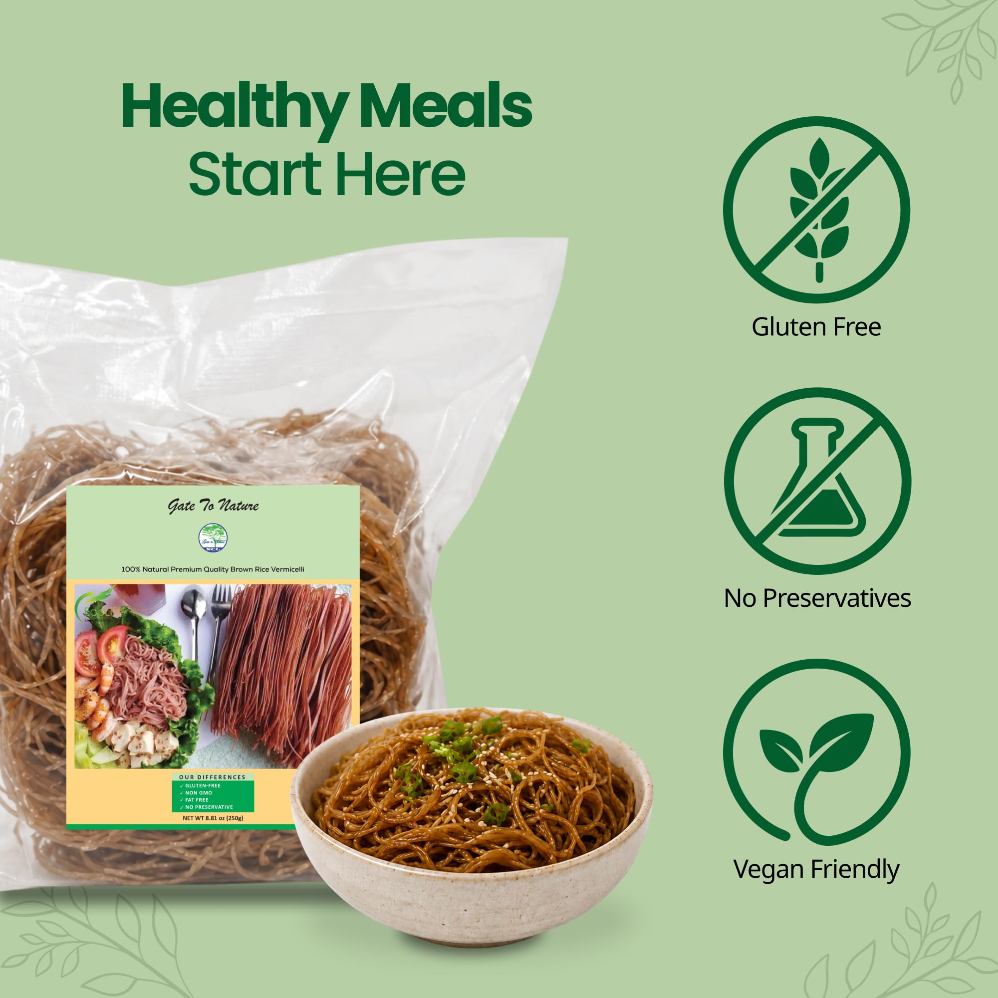 Gate to Nature Brown Rice Vermicelli, Gluten-Free Brown Noodles, Vegan 8.8oz, Natural Freshly Made Product like our Green Tea, Brown Rice Paper