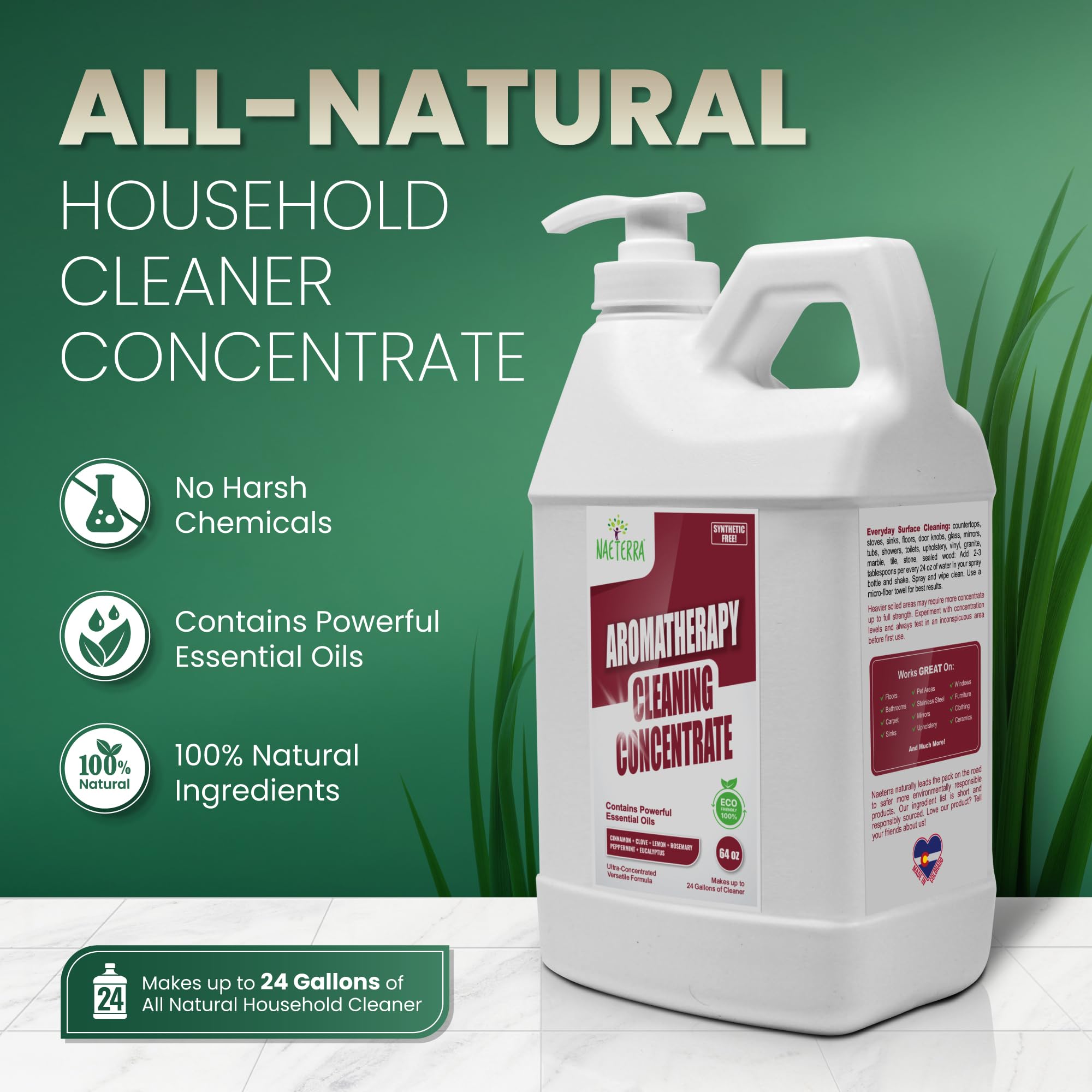 Naeterra 2-Pack All Purpose Aromatherapy Cleaner Concentrate (Total 128oz) - Makes 256 Refills - Plant-Based Formula - Clove, Cinnamon & Rosemary
