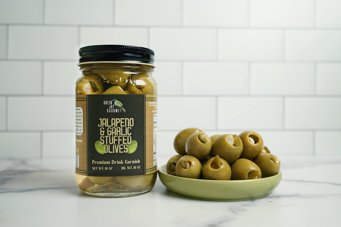 Green Jay Gourmet Double Stuffed Olives - Jalapeno & Garlic Stuffed Green Olives for Cocktail Garnish & Cheese Board - Dirty Martini Olives - Gourmet