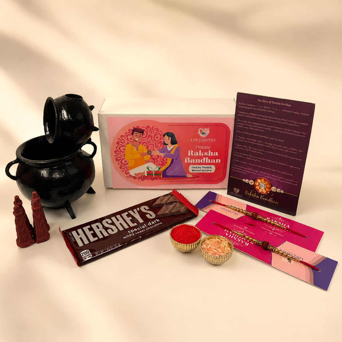 LOVENSPIRE Raksha Bandhan Gift Hamper for Brother & Bhabhi - Includes 2 Rudraksha Rakhi Bracelets, Buddha Dhoop Burner, Dhoop Sticks, Chocolates, Roli