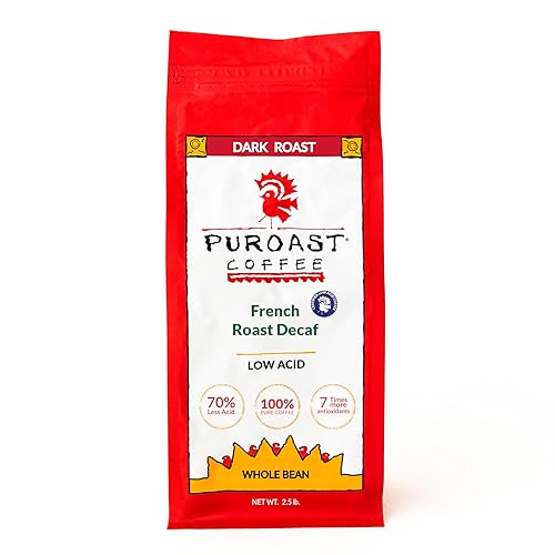 Puroast Low Acid Coffee Decaf Whole Bean | Decaf French Roast Whole Bean | Dark Roast | High Antioxidants & High pH |No Bitter Aftertaste | Reduced