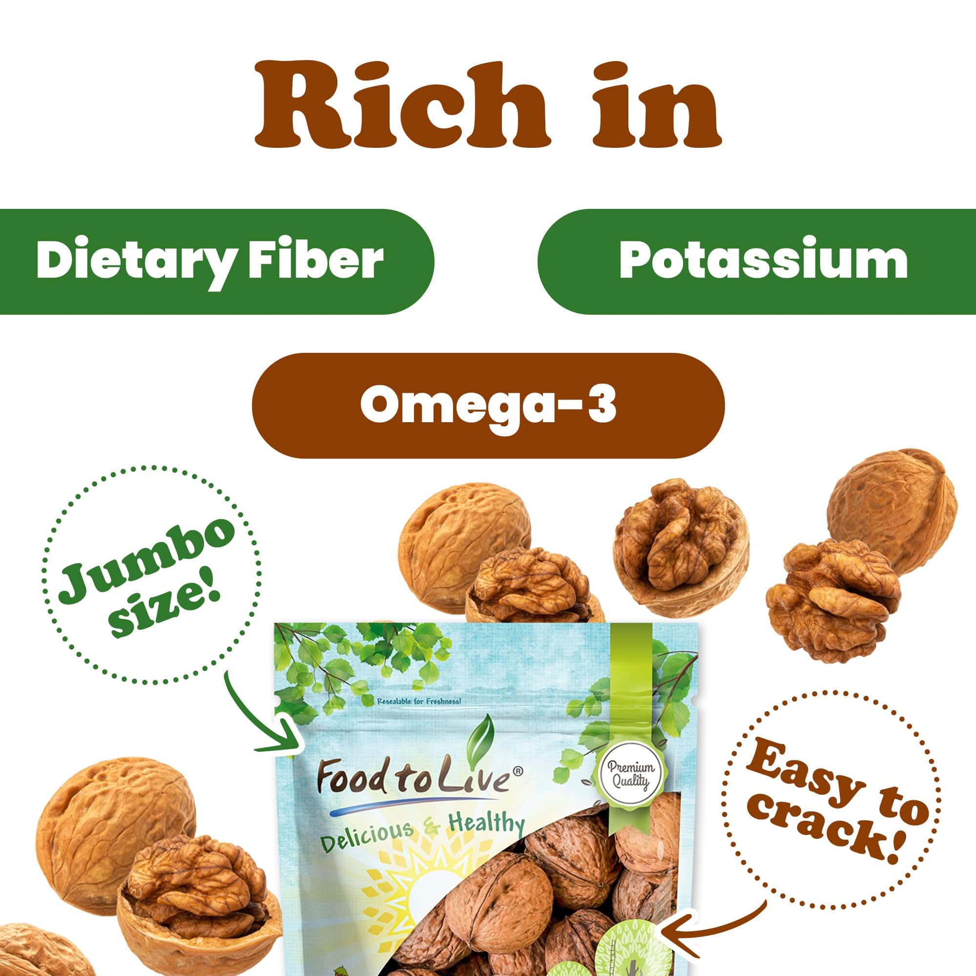 Food to Live Jumbo Walnuts in Shell, 5 Pounds - California Chandler Variety. Rich in Omega-3s and Antioxidants. Keto-Friendly, Fresh, Raw, Kosher