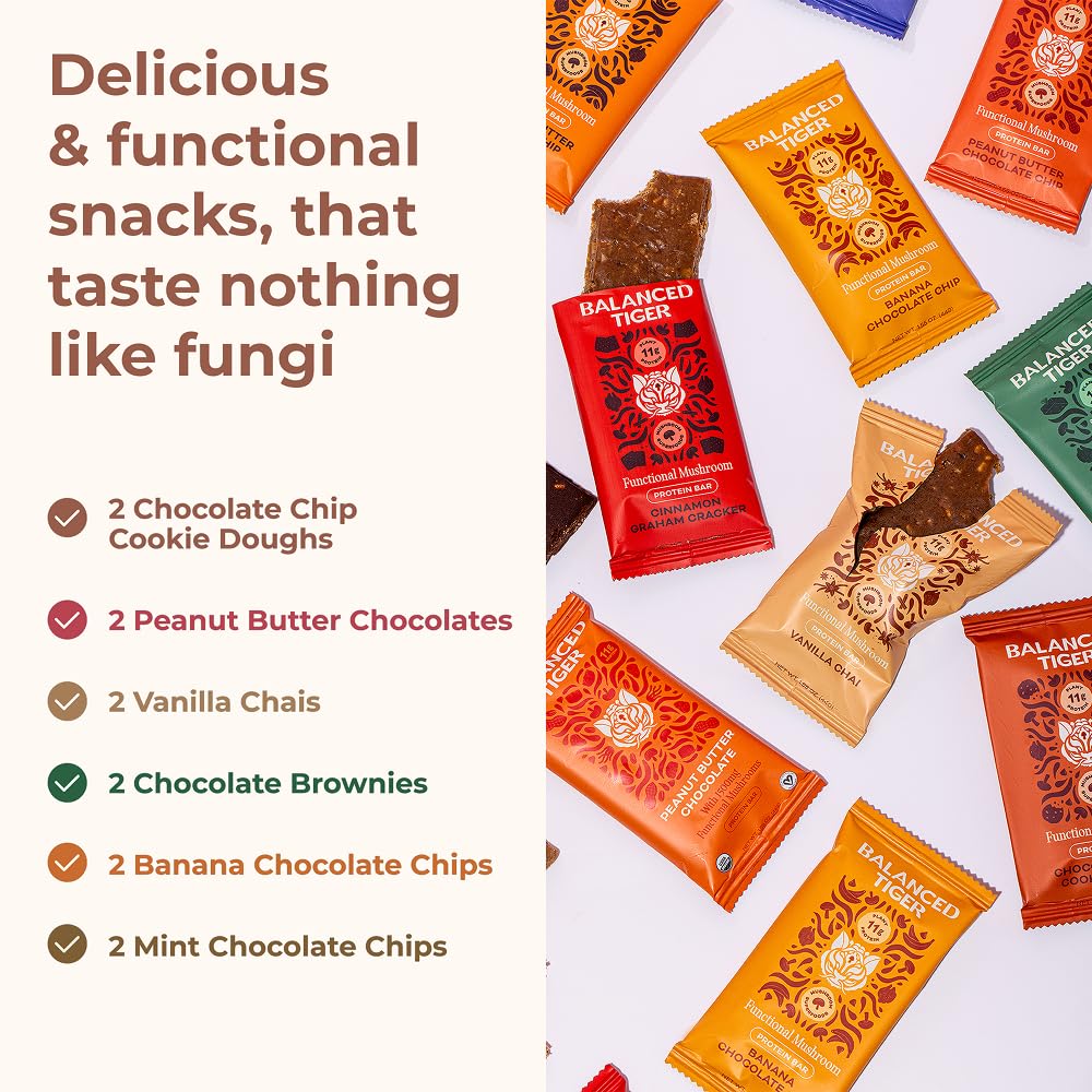 Balanced Tiger Vegan Protein Bars | Plant Based Protein Bars w/Functional Mushrooms - Lions Mane, Shitake, Reishi & Maitake | 12 Bars Variety Box