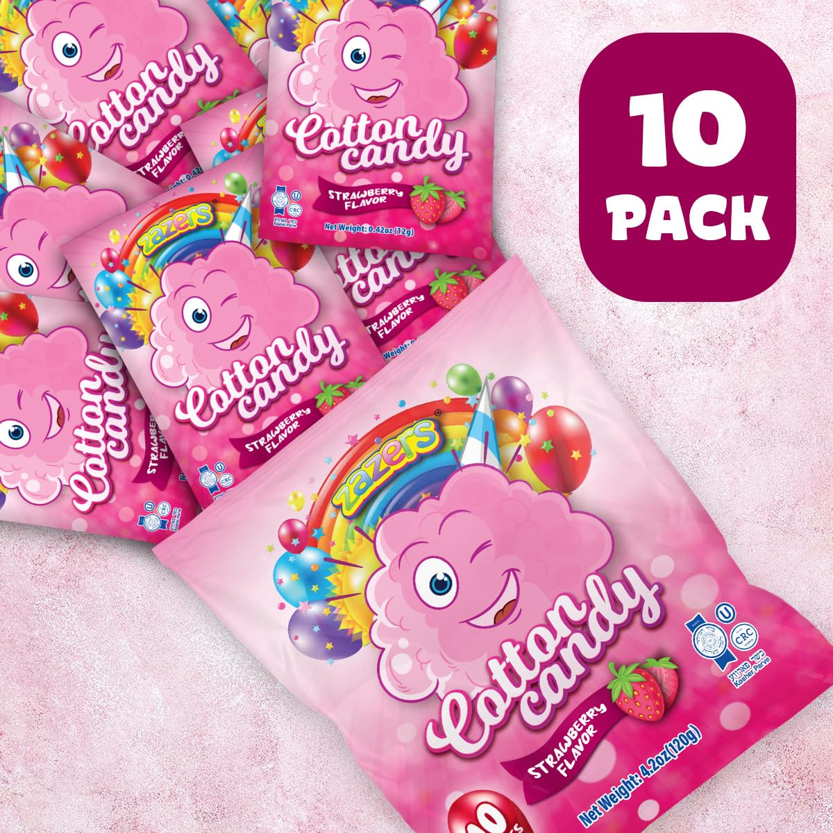 Cotton Candy 10 Pack, 10 Bags each 0.42oz, Strawberry Mini Pink cotton candy Individually Wrapped for Parties & Favors, Enjoy Fluffiness of kosher