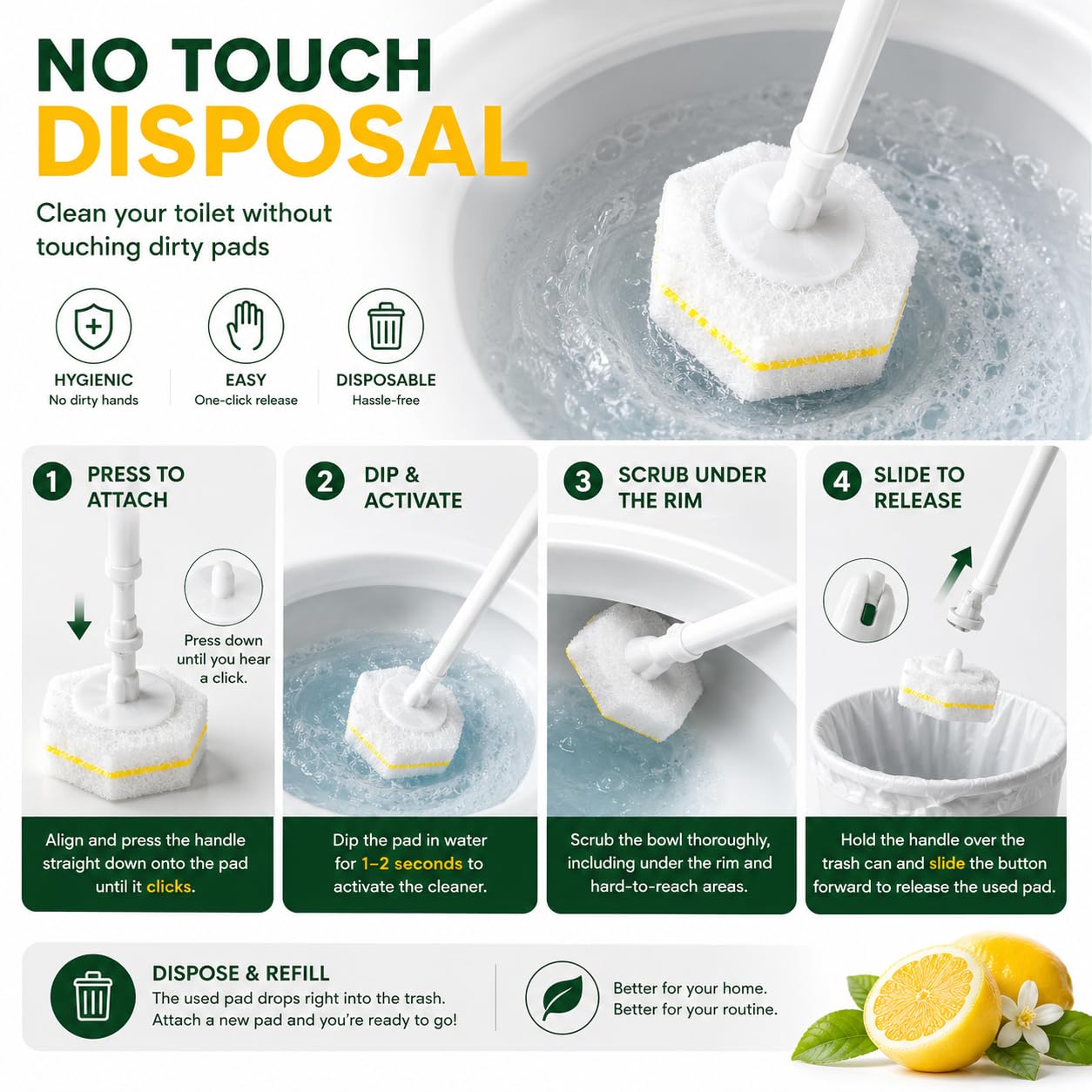 Qesea Toilet Wand Refills 60 Count Lemon Scent - Disposable Toilet Bowl Cleaner Brush Heads with Fresh Citrus Fragrance, Fits Most Standard Toilet