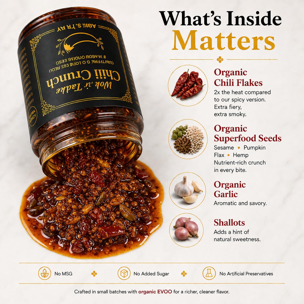 Wok n Tadka Extra Spicy Garlic Chili Crunch 6oz, Hot Crunchy Chili Crisp with Organic EVOO, Superfood Seeds, No Seed Oils, No Sugar Added, Gluten