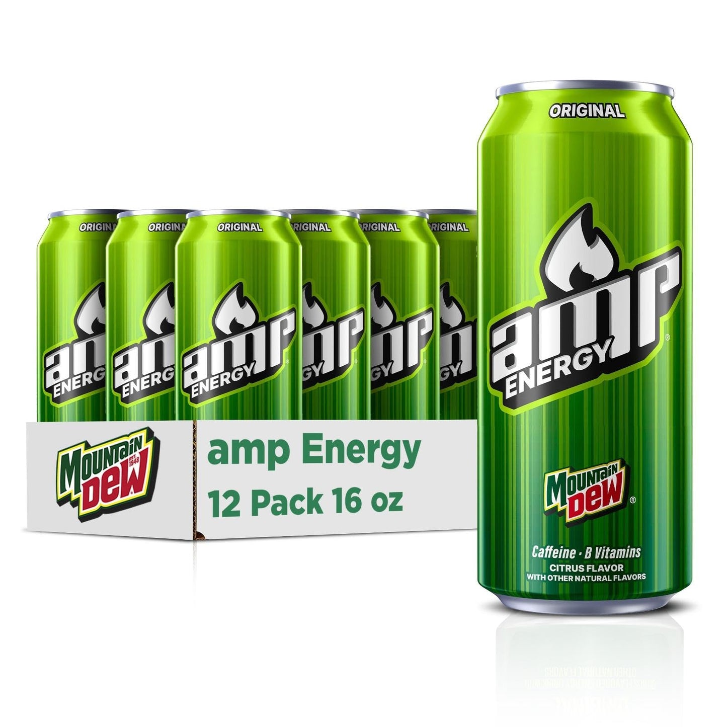 Mtn Dew AMP Energy, Original, Energy Drink with Caffeine, B Vitamins, 16 fl oz cans (12 Pack), Packaging May Vary
