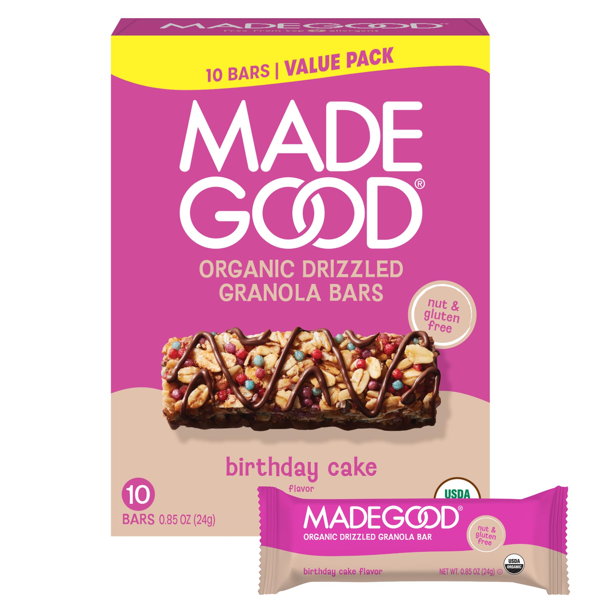 MadeGood Organic Chocolate Drizzled Birthday Cake Granola Bars (10 Count) 8.5 OZ