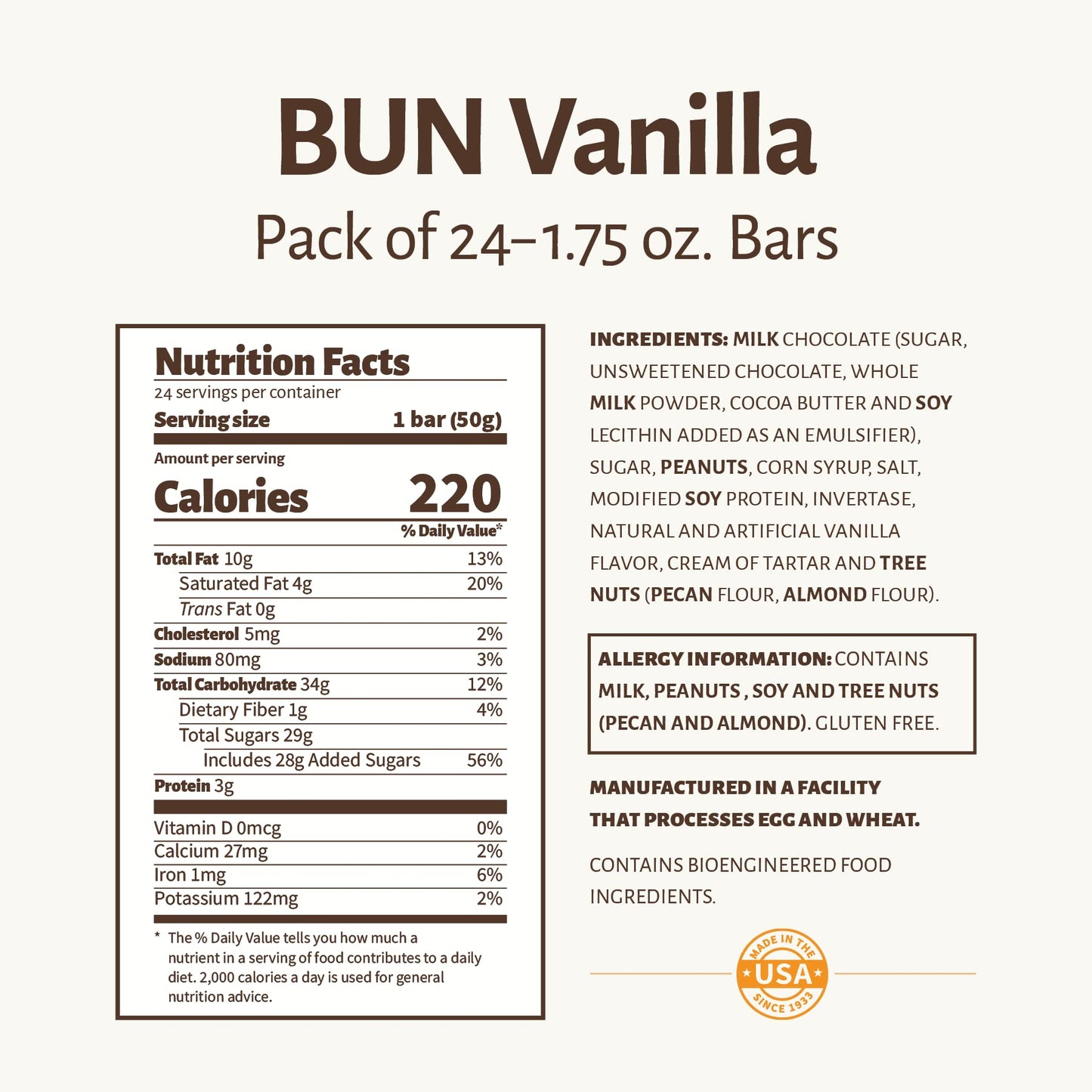 Pearson's Vanilla BUN Cluster Bar | Roasted Peanuts, Real Milk Chocolate, and Vanilla Nougat | Pack of 24 | Individually Wrapped
