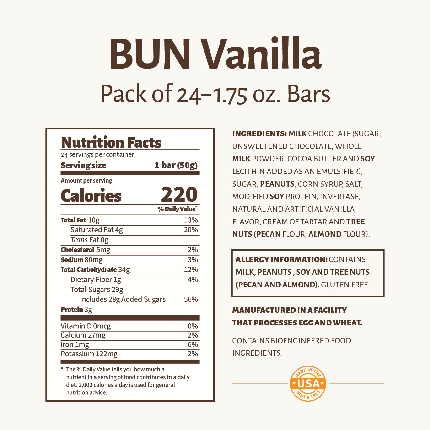Pearson's Vanilla BUN Cluster Bar | Roasted Peanuts, Real Milk Chocolate, and Vanilla Nougat | Pack of 24 | Individually Wrapped