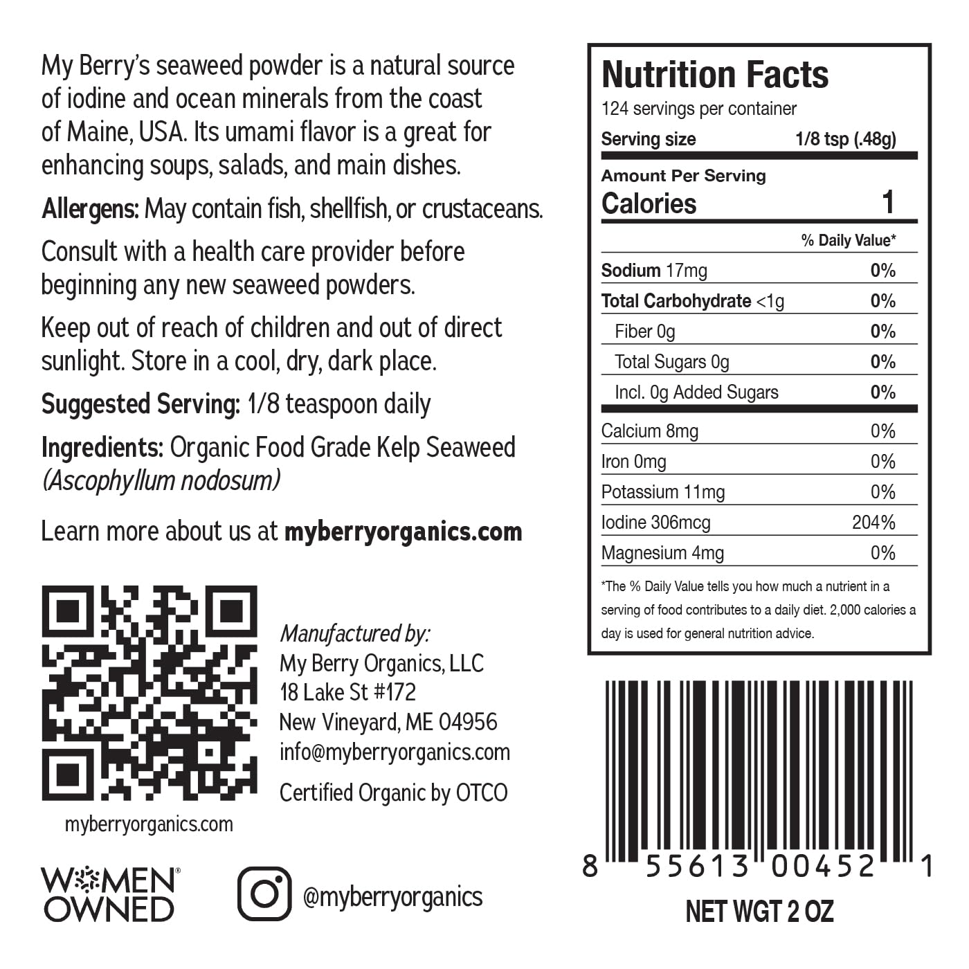Organic Maine Coast Kelp Seaweed Powder 2oz by My Berry | Dark Green, Fresh Kelp Only | (Ascophyllum Nodosum) | US Atlantic Ocean Grown