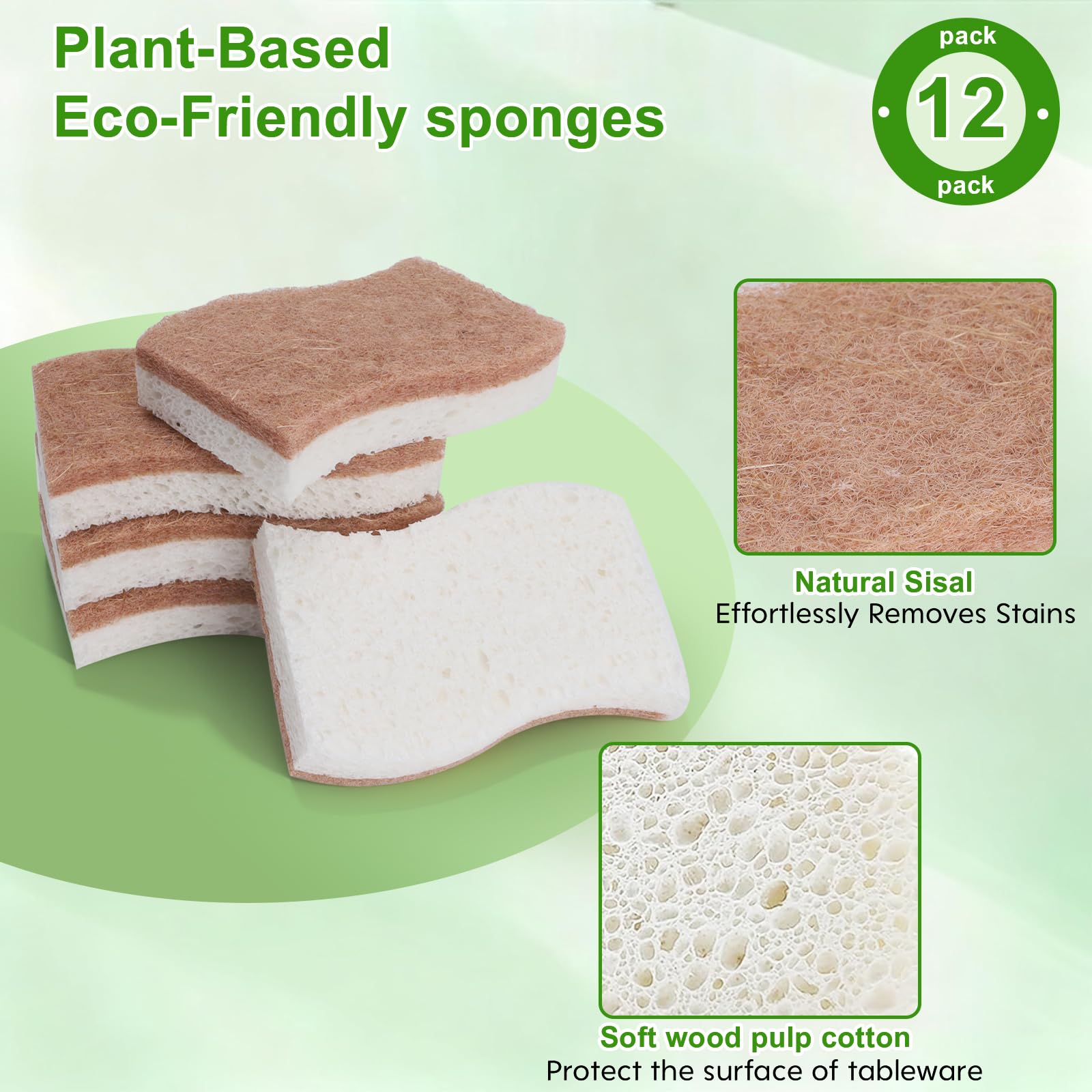 Sponges Kitchen - 12-Pack, Natural sponges for Dishes S-Shaped Dual-Layer for Pots, Pans, Tableware, Durable & Comfortable Grip for Everyday Cleaning