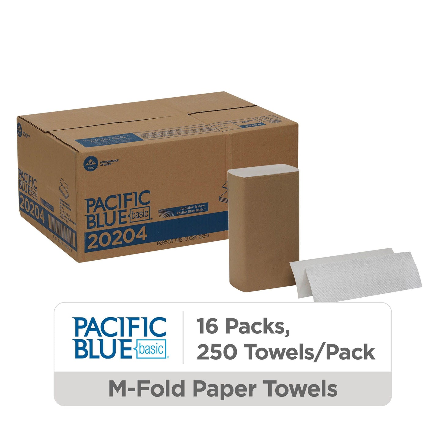 Pacific Blue Basic Multifold Paper Towels by GP PRO (Georgia-Pacific), White, 20204, 250 Towels Per Pack, 16 Packs Per Case, (Case of 16 Packs, 250