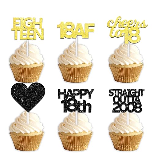18pcs Black Gold Glitter Dessert Cupcake Pick for Straight Outta 2008 Cheer to 18 Years Old Theme Decor Supplies Happy 18th Birthday Party Decoration