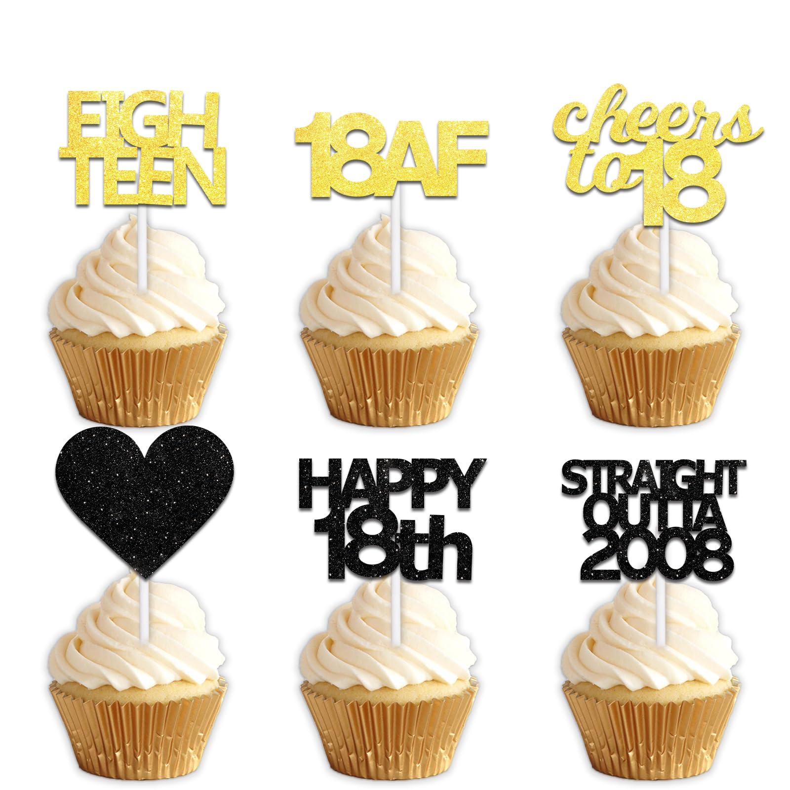 18pcs Black Gold Glitter Dessert Cupcake Pick for Straight Outta 2008 Cheer to 18 Years Old Theme Decor Supplies Happy 18th Birthday Party Decoration