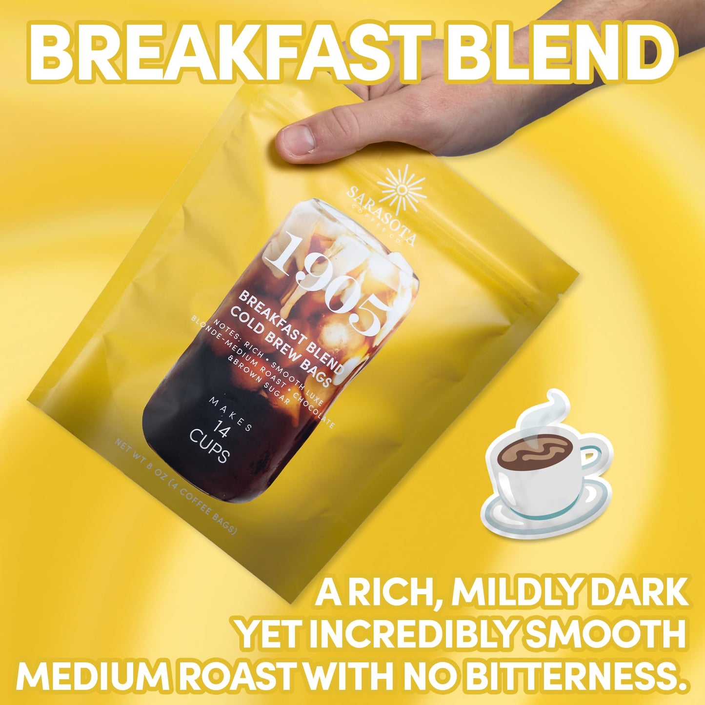Sarasota Coffee 1905 Cold Brew Coffee Bags | Breakfast Blend Blonde-Medium Roast | 100% Arabica | Smooth & Low Acid | Ground Pouches | Cold Brew Kit