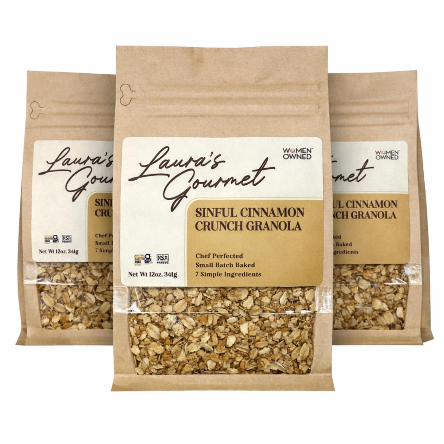 Laura's Gourmet Granola Sinful Cinnamon Crunch, 12 oz - 3 packs, Gluten-Free Oats, Vegan, Dairy & Soy Free Snack, Organic Agave, Cinnamon & Vanilla