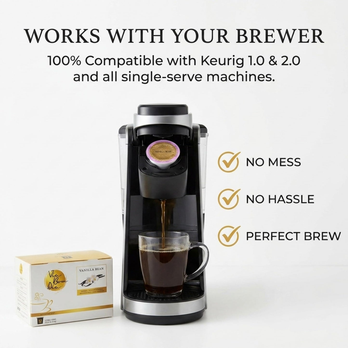 Via Bom Dia Naturally Flavored Kcup Coffee Pods, Vanilla Bean Flavor, Medium Roast, 12 Count (Pack of 1), for Single-Serve Keurig Machines