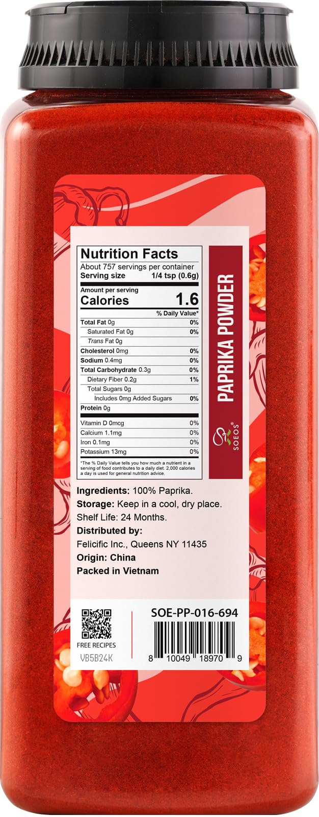 Soeos Paprika Powder, 16 oz (Pack of 1), Sweet Paprika Seasoning for Marinade, Cooking, Grilling, Dipping, Perfect for Chicken, Pork, Beef
