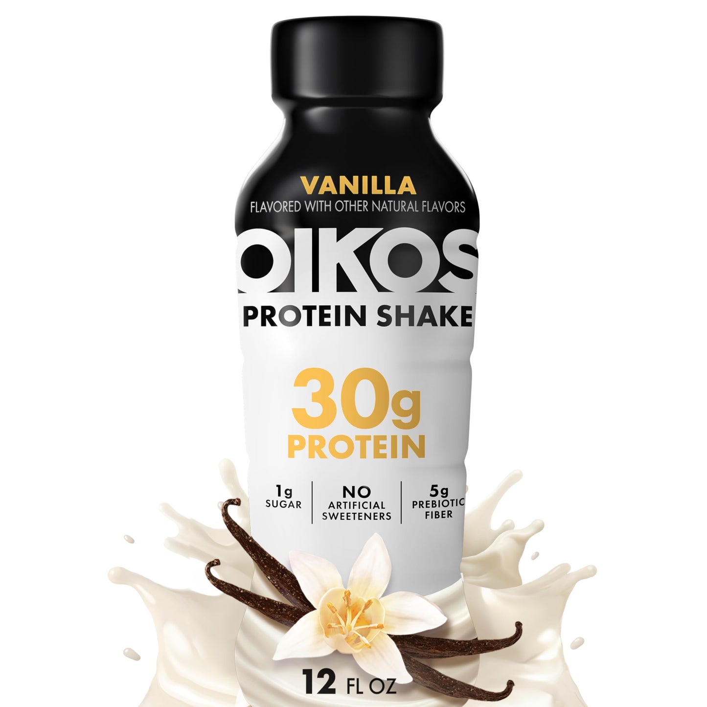 Oikos Protein Shake, Vanilla, 30g High Protein Drinks, Shelf Stable, Ready to Drink, 5g Prebiotic Fiber, 12 fl oz Bottle