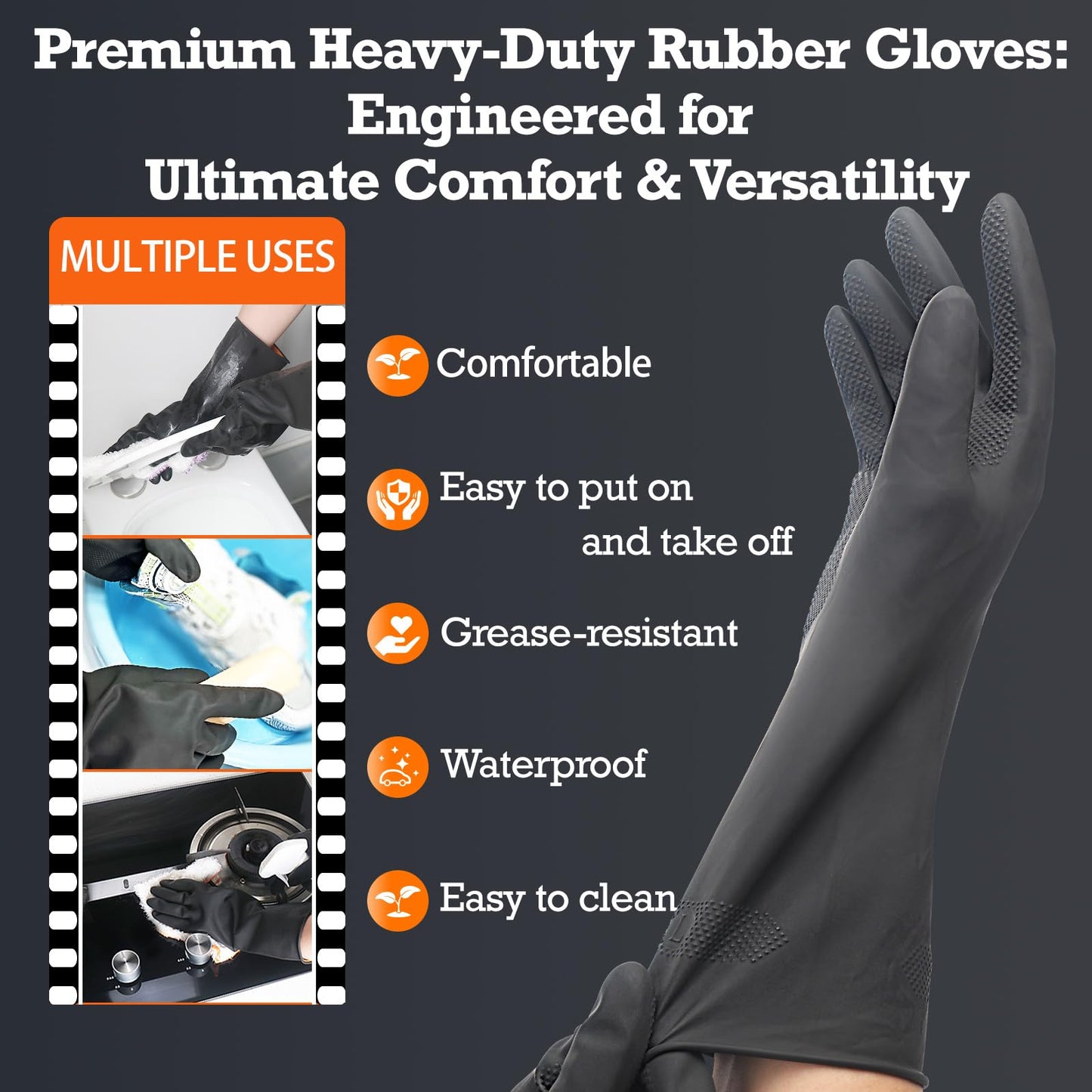 Exprosiflux Thick Rubber Cleaning Gloves - 3 Pairs Black Rubber Gloves for Dishwashing Large, Non-Slip Kitchen Gloves for Washing Dishes, Reusable