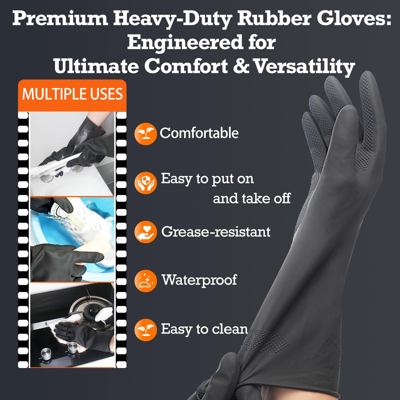Exprosiflux Thick Rubber Cleaning Gloves - 3 Pairs Black Rubber Gloves for Dishwashing Large, Non-Slip Kitchen Gloves for Washing Dishes, Reusable