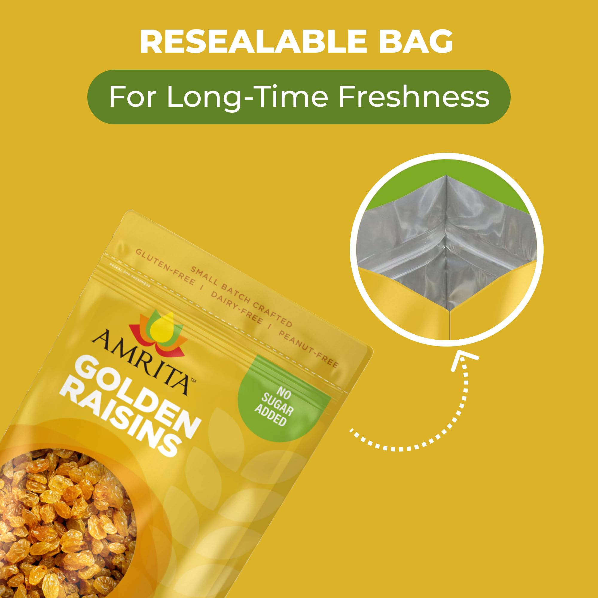 Amrita Golden Raisins 1 lb | No Added Sugar, Naturally Sweet, Gluten Free Dried Sultanas, Kishmish | Packed Fresh in Resealable Bags | Yellow