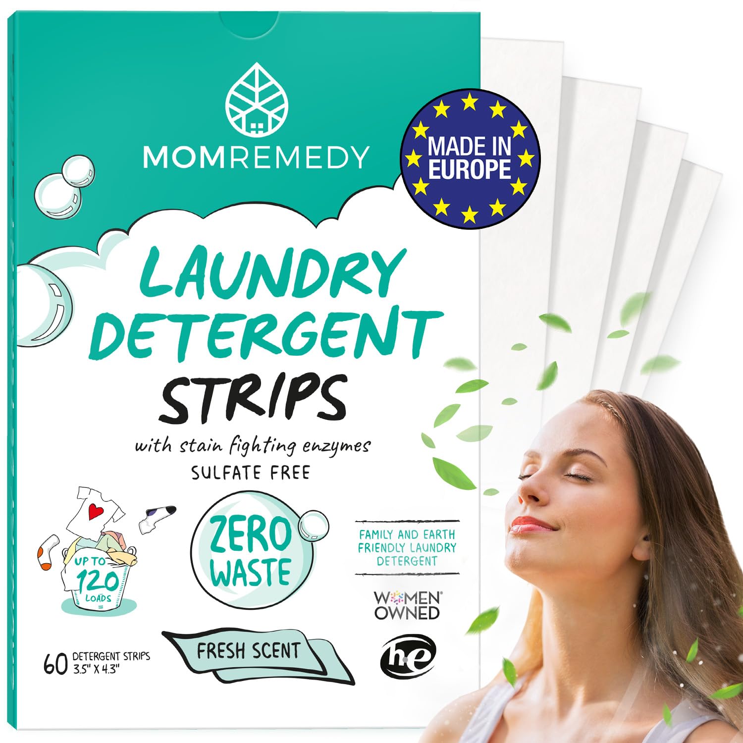 MomRemedy Laundry Detergent Sheets with Powerful Stain Fighting Enzymes - Made in EU, Sulfate Free, Zero Waste Laundry Sheets Detergent in Recyclable