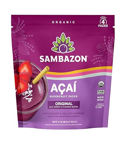 Sambazon Acai Berry and Guarana Smoothie Superfruit Pack, 14.1 Ounce, 4 Count