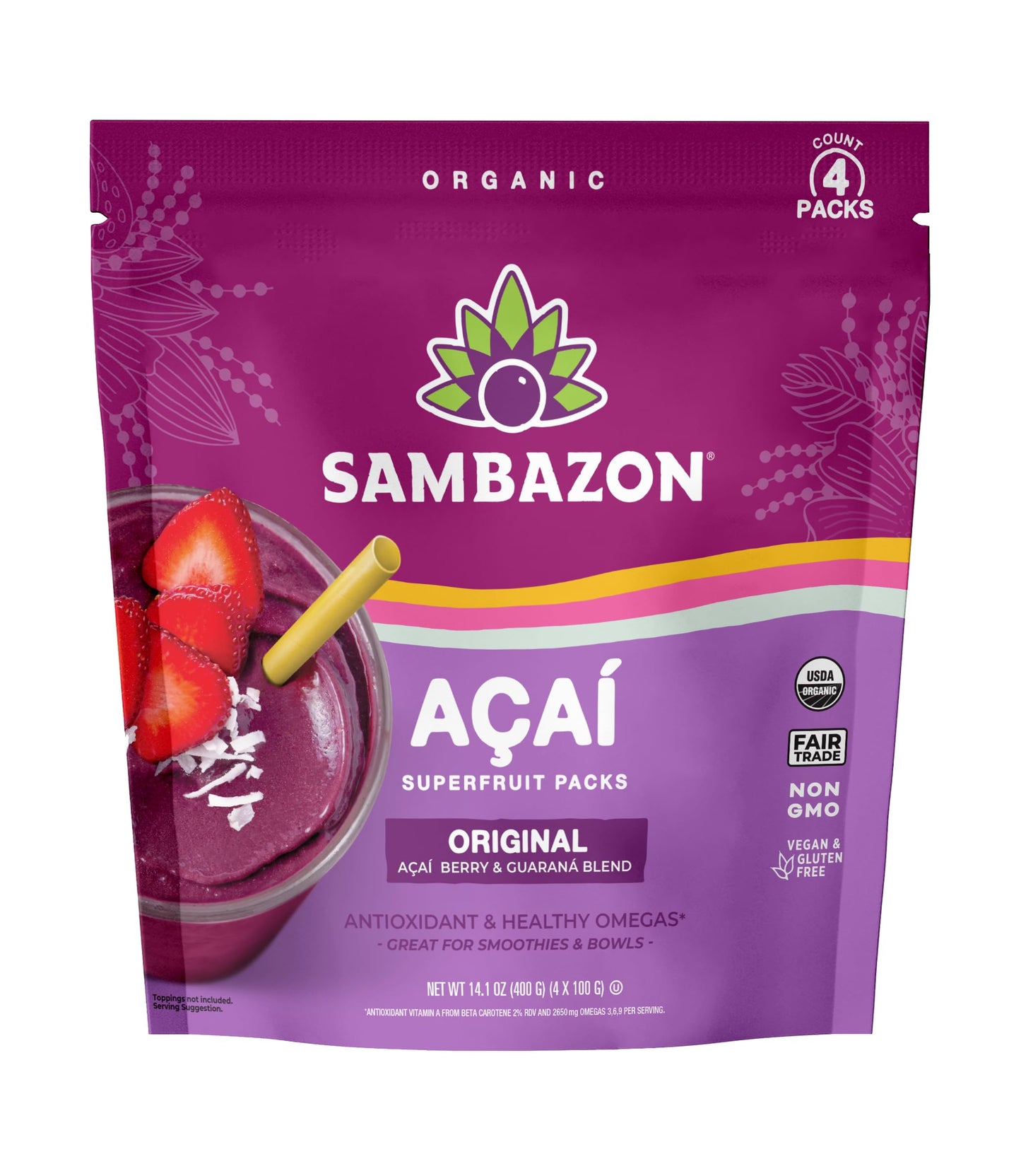 Sambazon Acai Berry and Guarana Smoothie Superfruit Pack, 14.1 Ounce, 4 Count