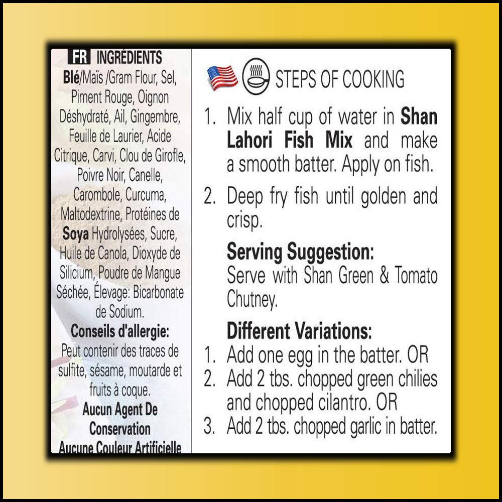 Shan Lahori Fish Recipe and Seasoning Mix 3.5 oz (100g) - Spice Powder for Batter Coated Fried Fish - Suitable for Vegetarians - Airtight Bag in a Box