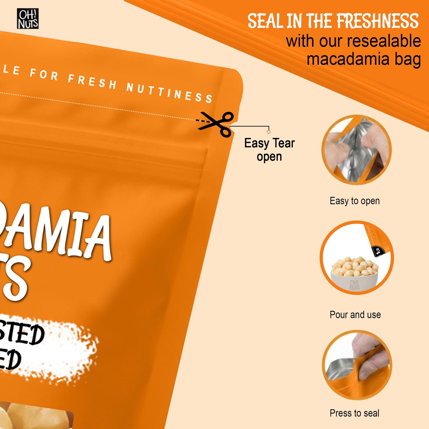 Oh! Nuts Macadamia Nuts - 1 lb - Dry Roasted Unsalted Macadamia Nuts - Oven Roasted - No Oil - Packed in New York Zip-Seal Bag for Exceptional