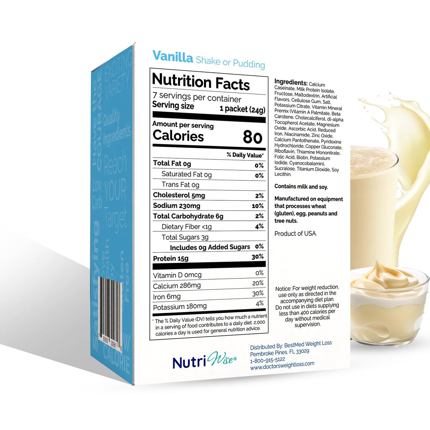 NutriWise - Shake & Pudding | 7/Box | High Protein Diet | Healthy Nutrition | Gluten Free - Low Carb - Low Sugar - Low Fat (Vanilla)