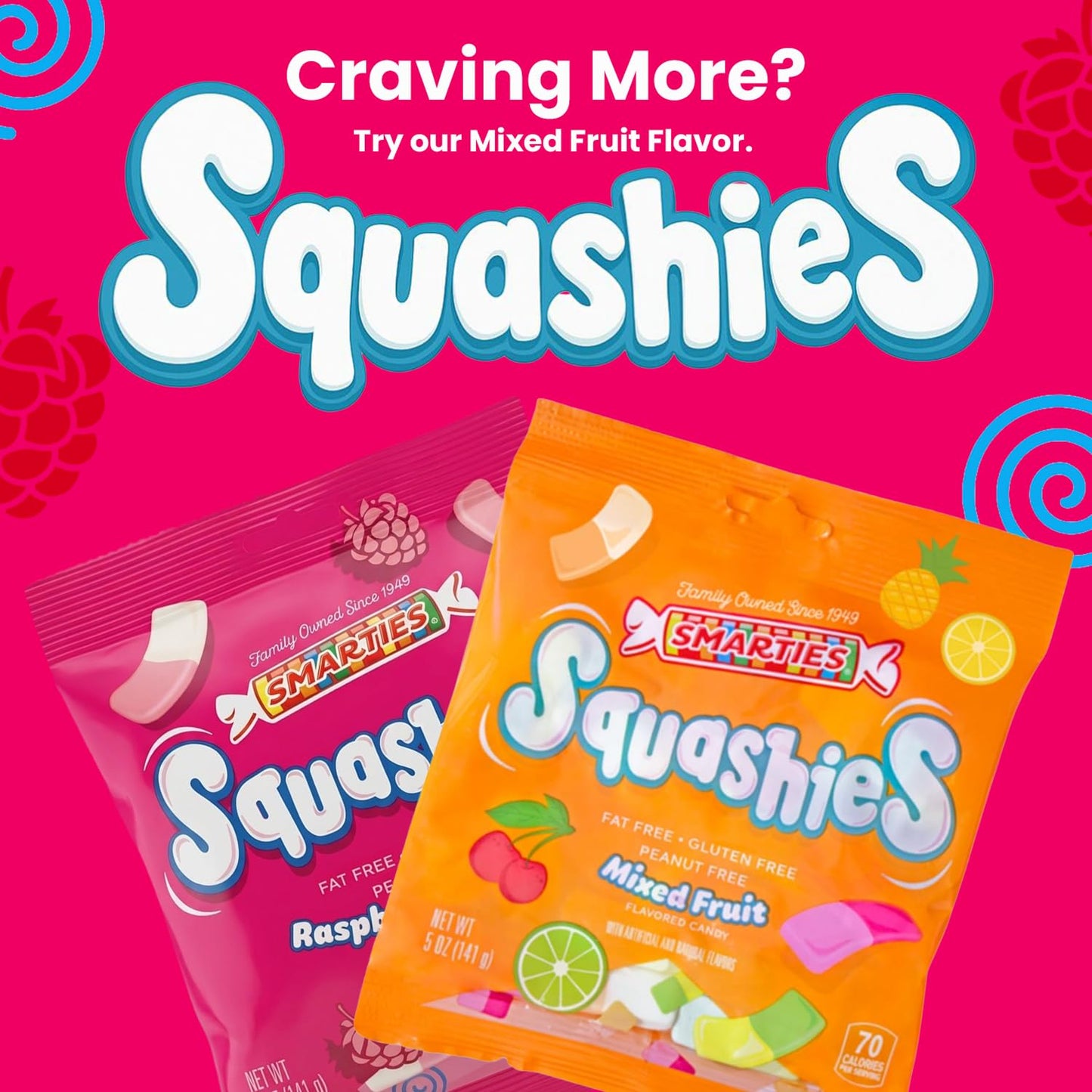 Smarties Squashies Foam Marshmallows Gummy Candies & Smarties Sample Packet Variety Pack - Raspberry & Cream Flavored - Allergen Free, Peanut Free