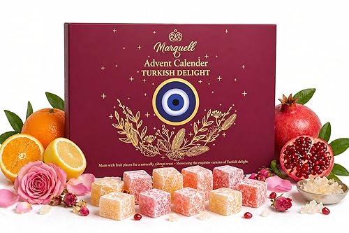 Marquell Turkish Delight Gift Box - 24 Day Advent Calendar Style, Premium Fruit-Infused Gourmet Candy Assortment, Handmade Individually Wrapped Soft