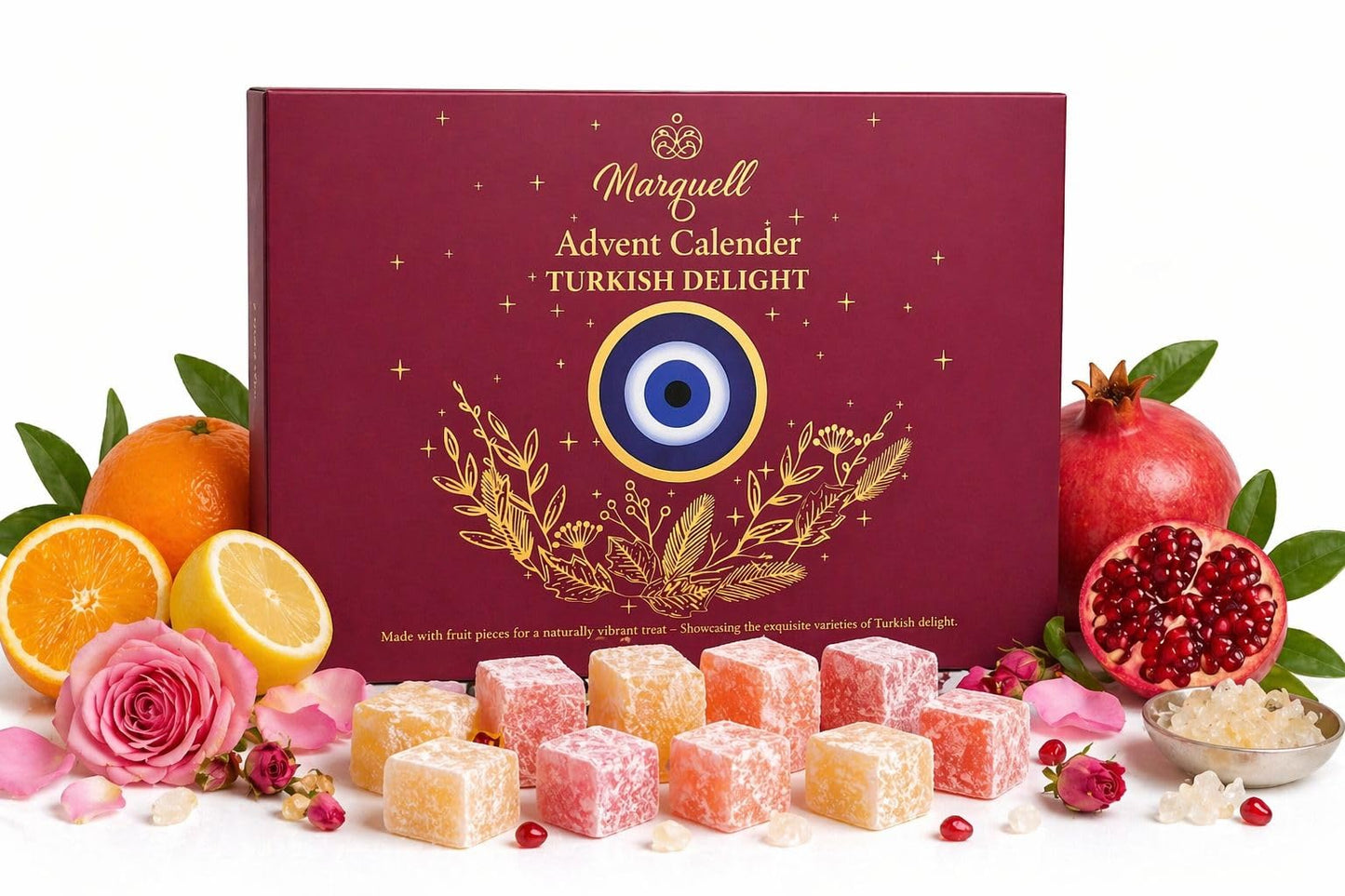 Marquell Turkish Delight Gift Box - 24 Day Advent Calendar Style, Premium Fruit-Infused Gourmet Candy Assortment, Handmade Individually Wrapped Soft