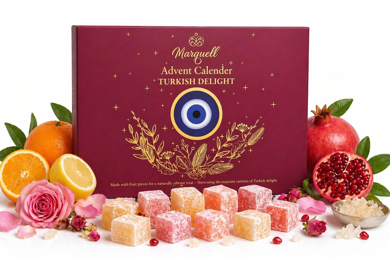 Marquell Turkish Delight Gift Box - 24 Day Advent Calendar Style, Premium Fruit-Infused Gourmet Candy Assortment, Handmade Individually Wrapped Soft