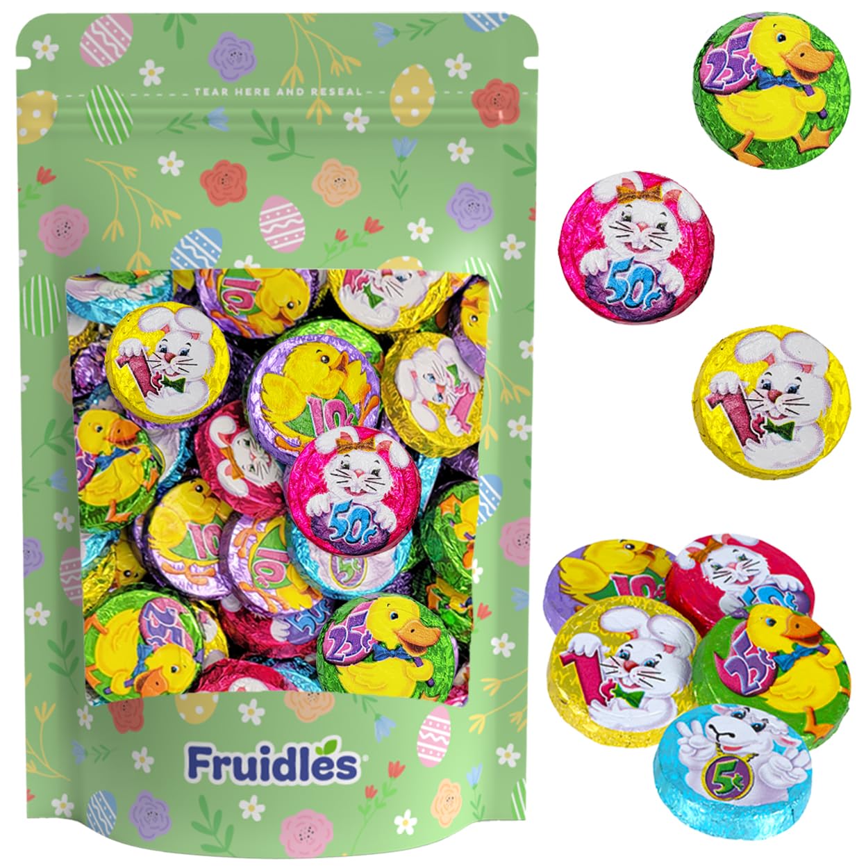1 Pound Fruidles Easter Double Crisp Bunny Munny Milk Chocolate, Happy Easter Day Coins, Party Bag Fillers, Individually Wrapped Foils, Kosher