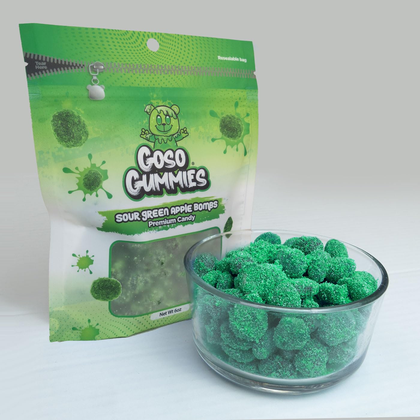 Goso Gummies Sour Green Apple Gusher Bombs, 6 oz Resealable Bag, Chewy Gummy Candy with Juicy Center, Sweet and Sour Green Apple Flavor